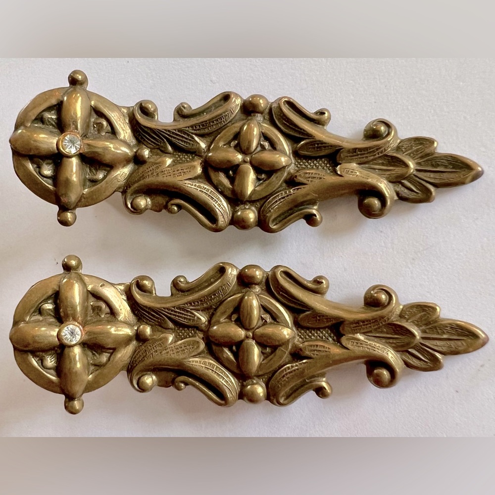 Vintage Romantic Brass and Rhinestone Hair Clip Set Pre Owned